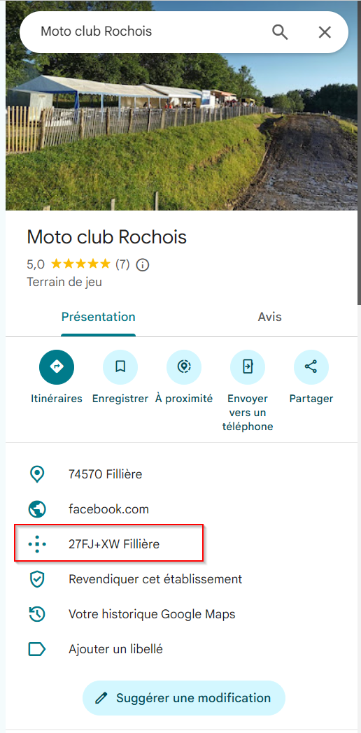 Plus code Google Maps sur la fiche d'un lieu